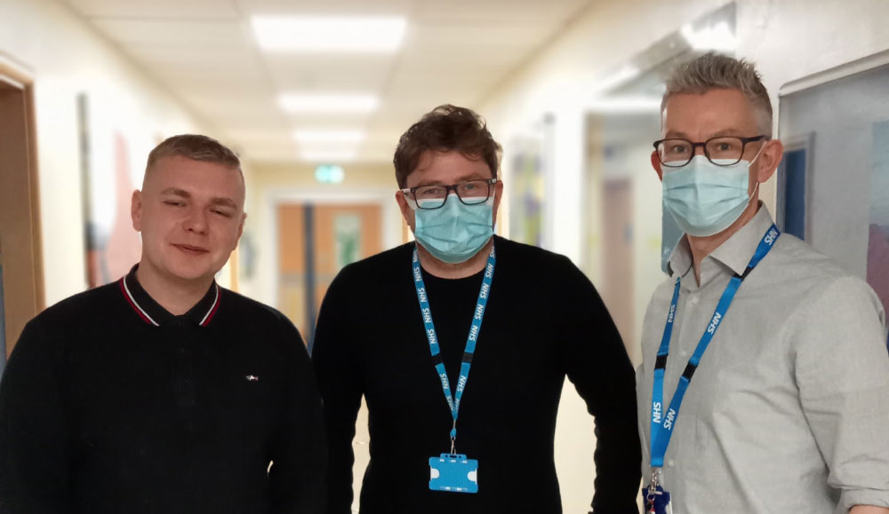 > Thomas with James Lewis and Occupational Therapist Andy Wright at a recent visit to the Radbourne Unit.