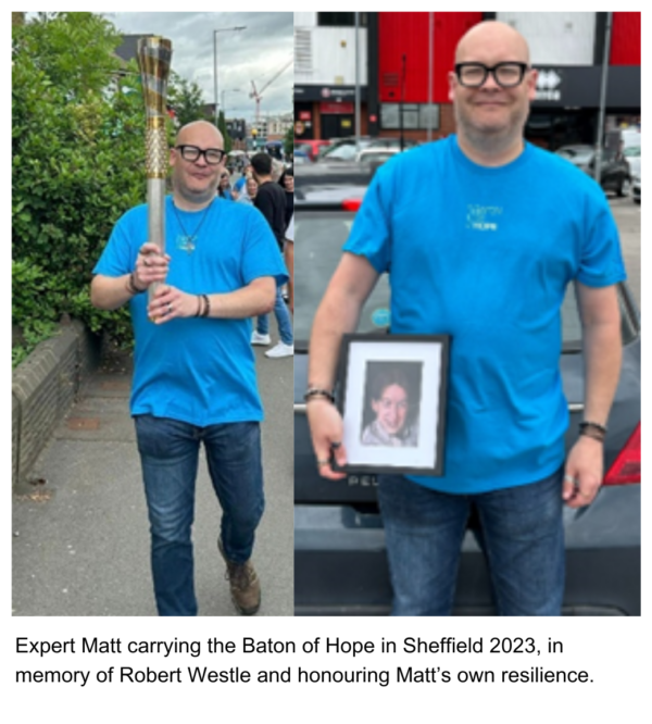 Expert Matt carrying the Baton of Hope in Sheffield 2023, in memory of Robert Westle and honouring Matt’s own resilience.